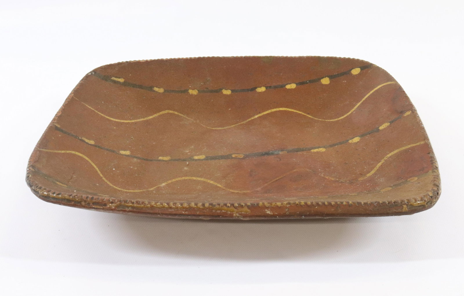 19TH C. REDWARE DECORATED LOAF DISH (1 of 3)