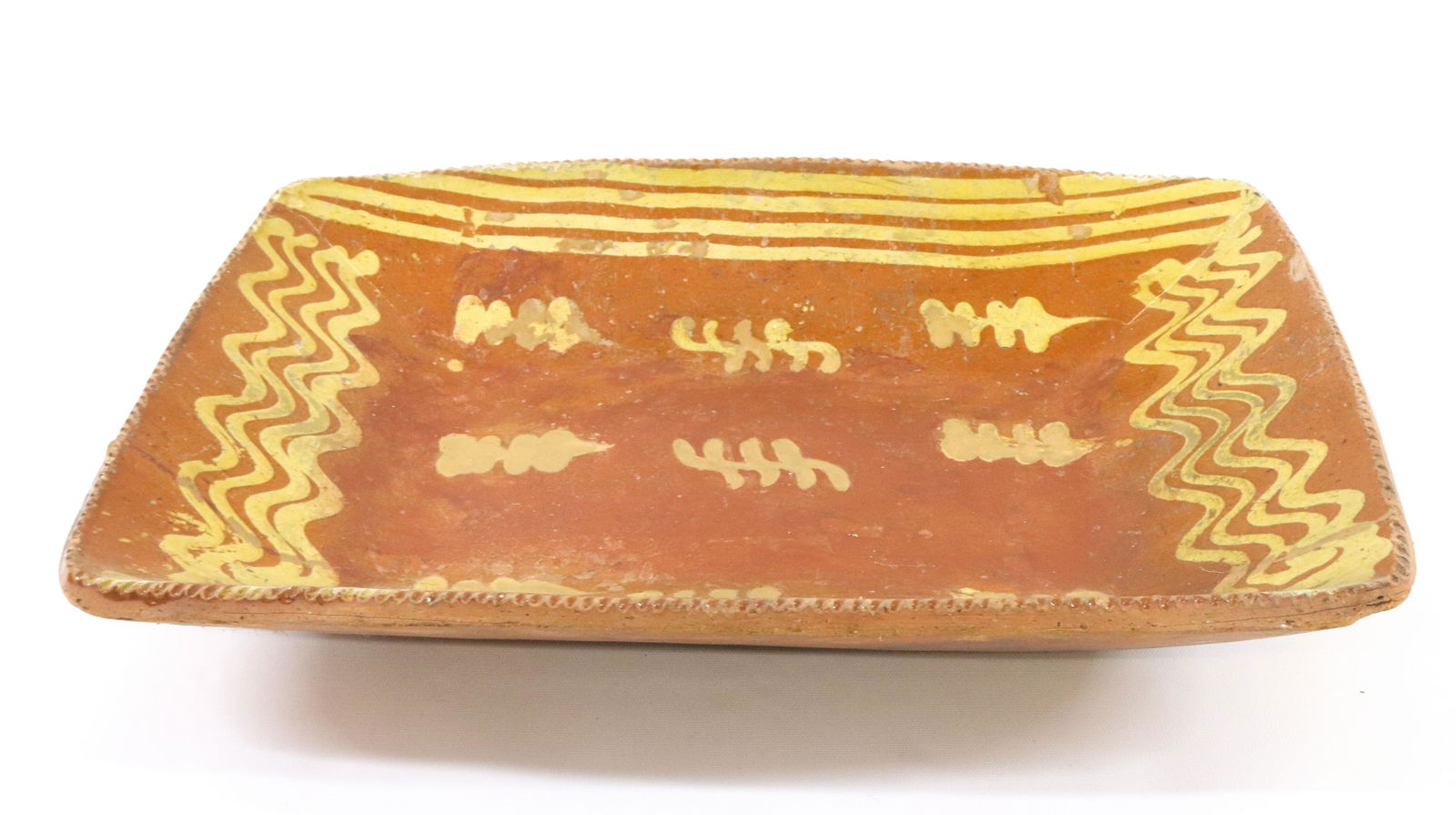 19TH C. REDWARE DECORATED LOAF DISH (1 of 3)