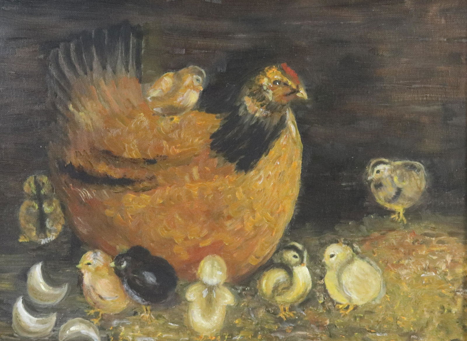 CHICKEN WITH CHICKS OIL ON CANVAS PAINTING (1 of 3)