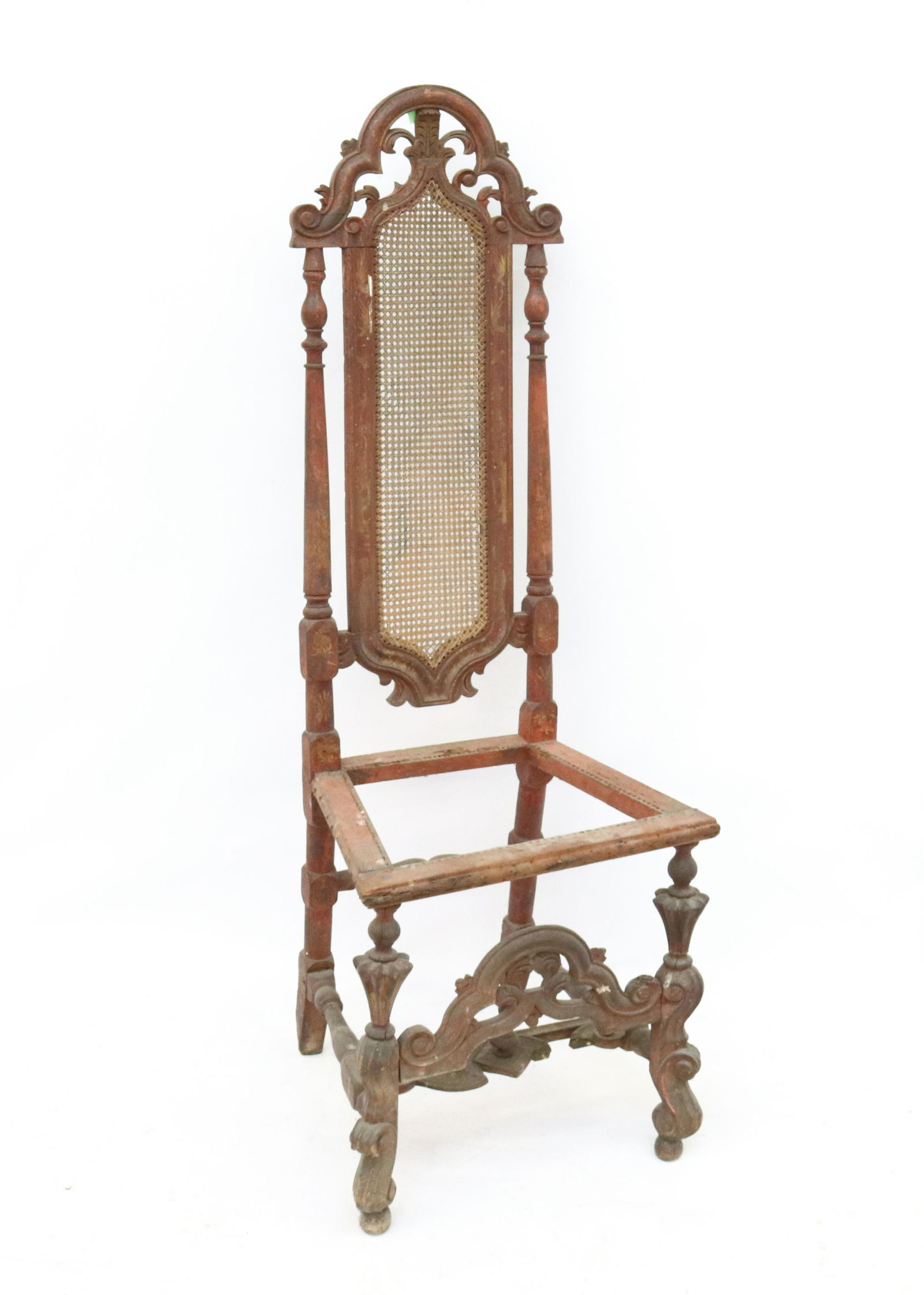 WILLIAM AND MARY PAINTED SIDE CHAIR: CANED BACK WITH SALMON SURFACE W/YELLOW DECORATION Size: 52" H Terms: Hartzell's Auction Gallery will handle most of the shipping in-house. WE do reserve the right to not ship some large items, larger