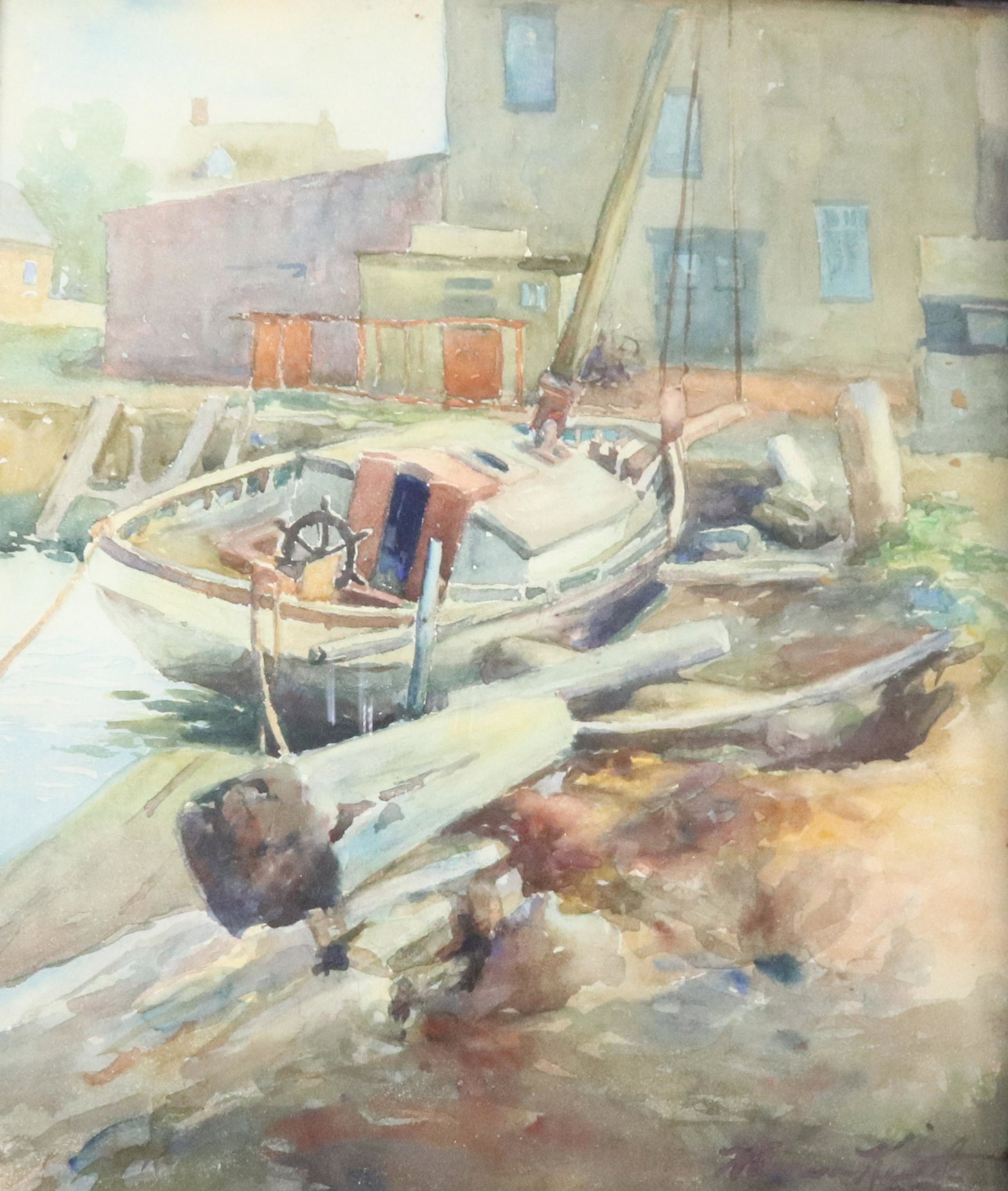 WARREN KEITH WATERCOLOR ON BOARD: COASTAL SCENE WITH DOCKED BOAT. SGND. BOTTOM RIGHT. FRAMED UNDER GLASS Size: SIGHT VIEW 11 3/4" X 9 3/4" Terms: Hartzell's Auction Gallery will handle most of the shipping in-house. WE do reserve the 