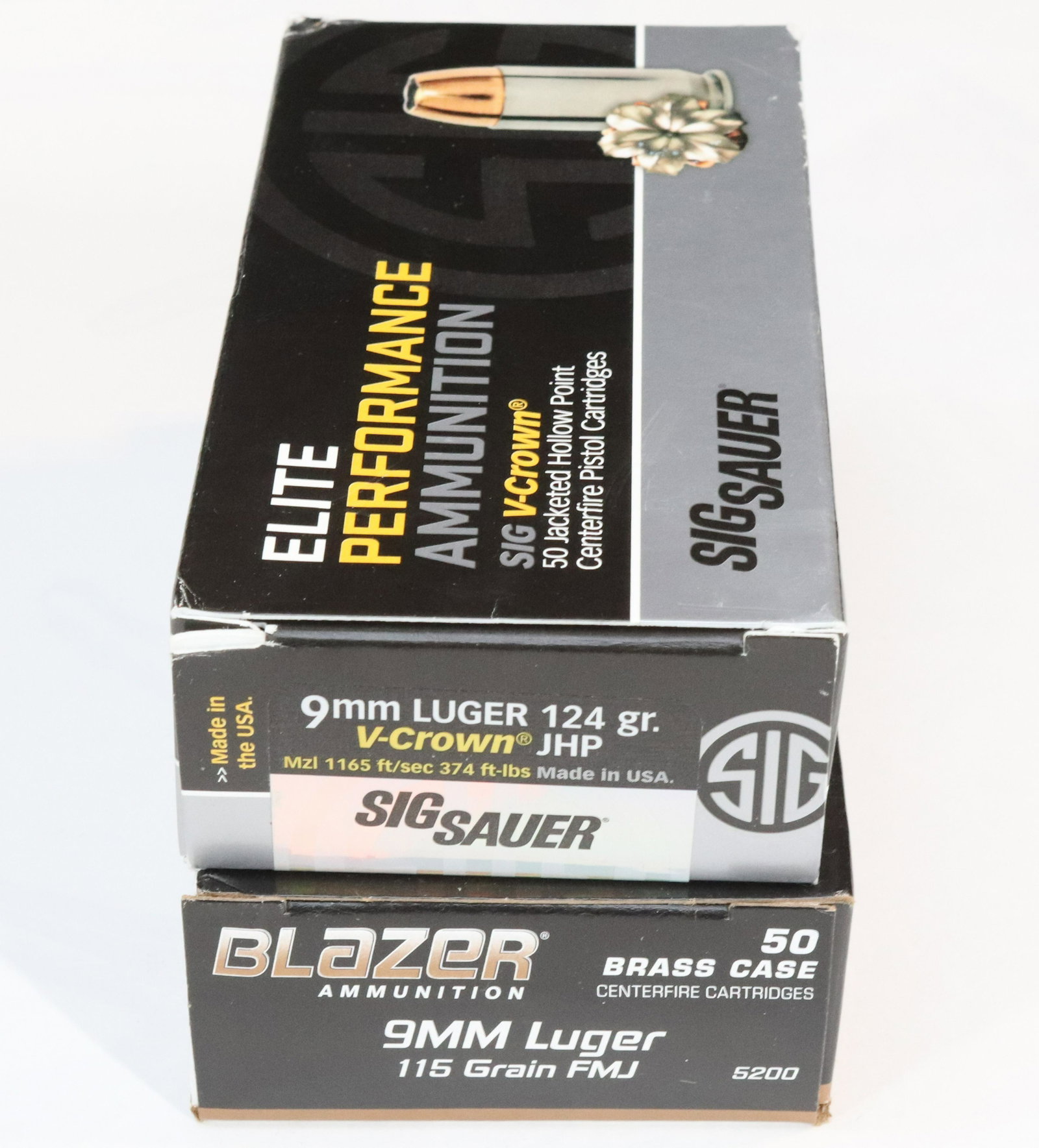 9MM LUGER AMMO LOT: (2) BOXES INCLUDING - CCI BLAZER 115 GR FMJ AND SIG SAUER 124GR JHP - 100 ROUNDS Terms: Ammo will be sold as is. This is a store close out Auction. Please see photos or call 610-588-5831 with any ques