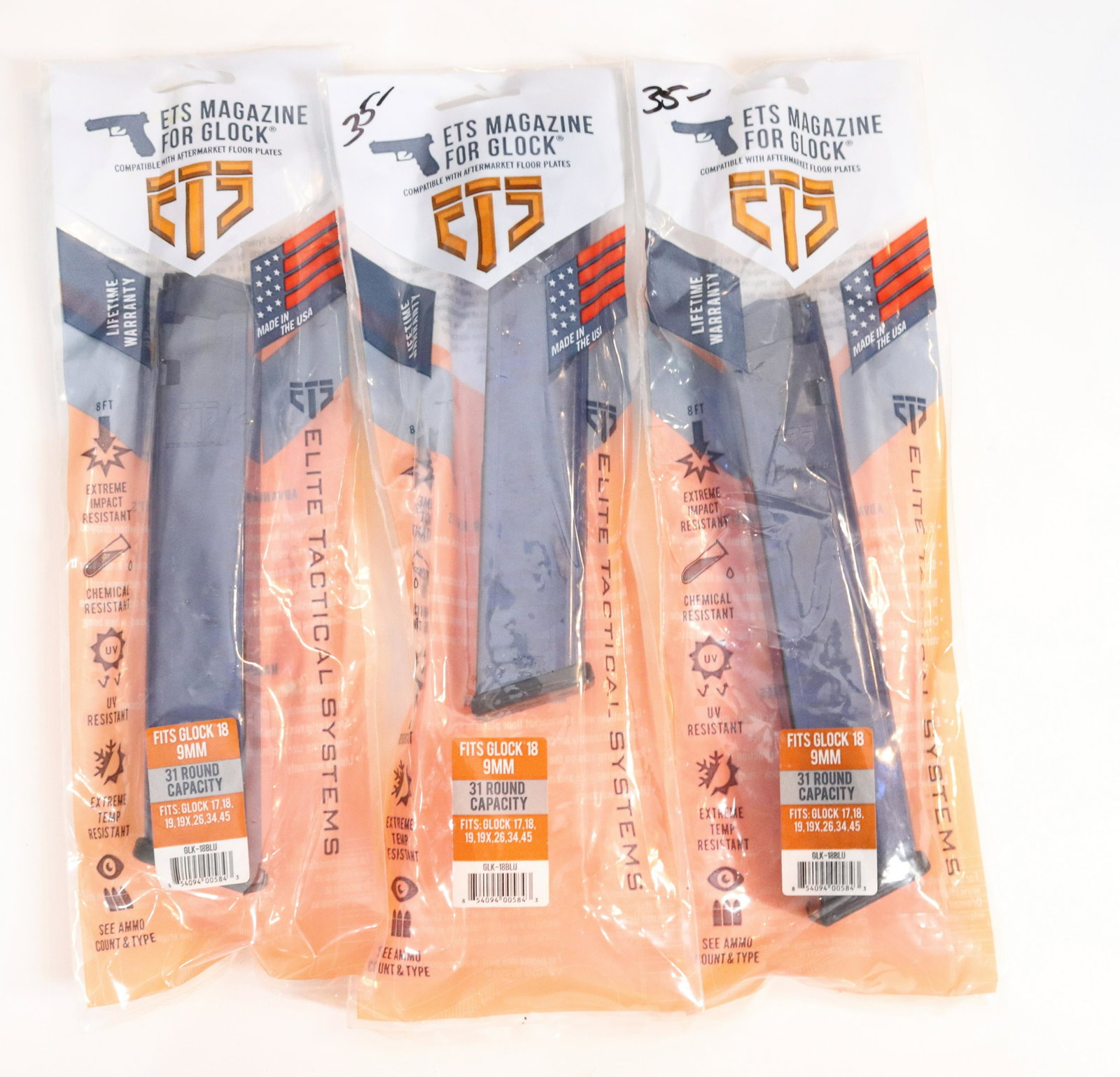 ETS MAGAZINE LOT FOR A GLOCK: (3) 31 ROUND CLIPS FOR 9MM GLOCK Terms: Ammo will be sold as is. This is a store close out Auction. Please see photos or call 610-588-5831 with any questions. Hartzell’s Auction Gallery will han
