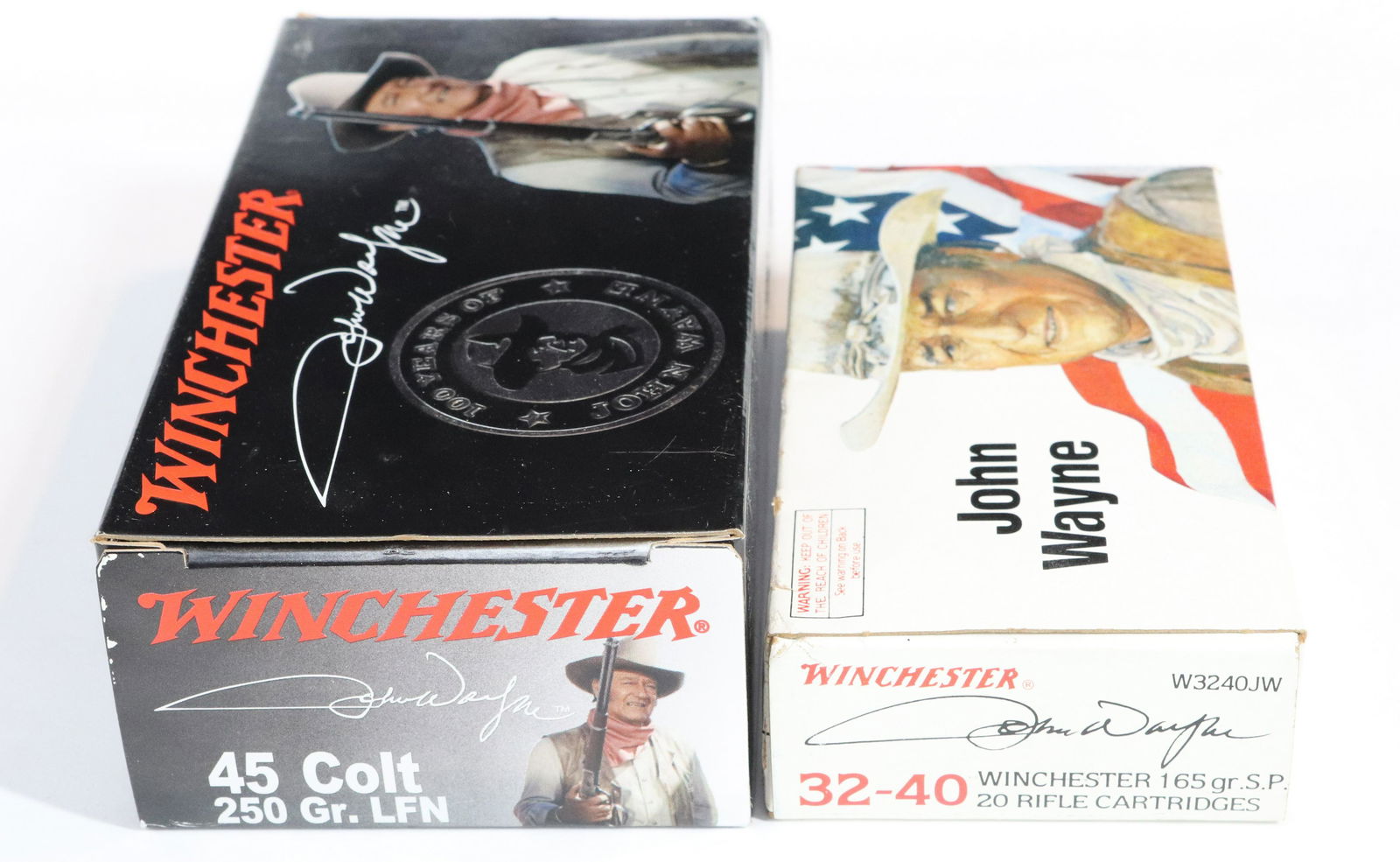 LOT OF JOHN WAYNE AMMO: WINCHESTER 100 YEARS OF JOHN WAYNE 45 COLT AND 32-40 - BOXES ARE FULL Terms: Ammo will be sold as is. This is a store close out Auction. Please see photos or call 610-588-5831 with any questions. Hart