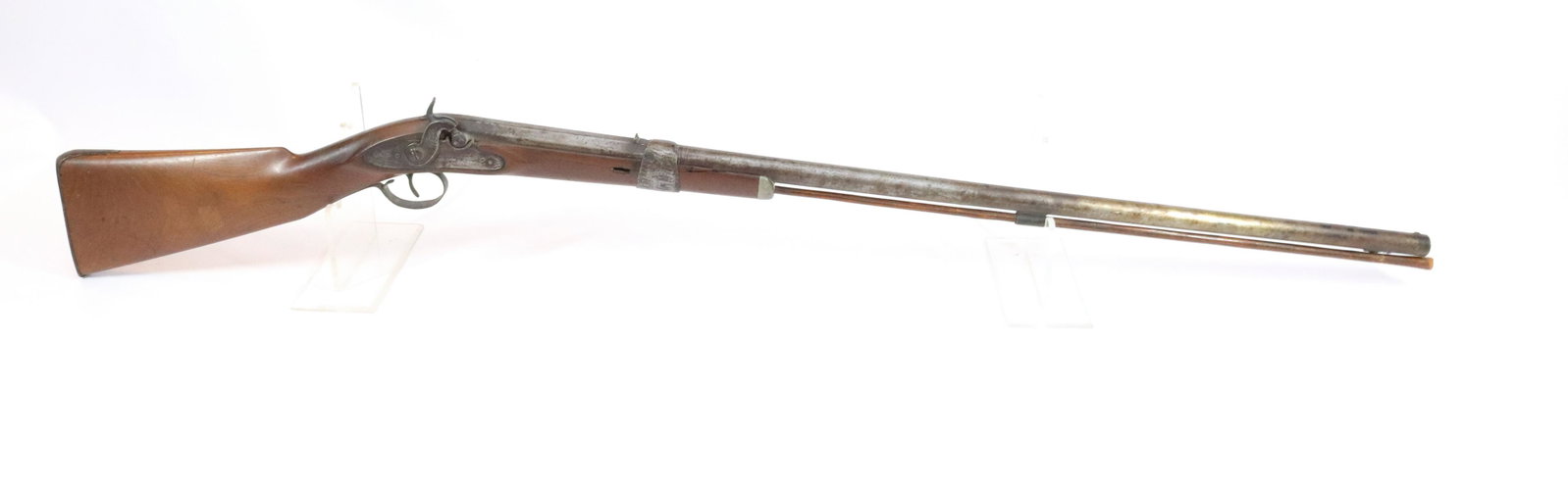 ANTIQUE PERCUSSION RIFLE: STAMPED "LONDON" AND "CLARK" - MEASURES AS 60 CAL Size: 35" BARREL Terms: Hartzell’s Auction Gallery will handle all Background Checks On-Site. Sunday April 3rd from 9:00am till 2:00pm or Monday