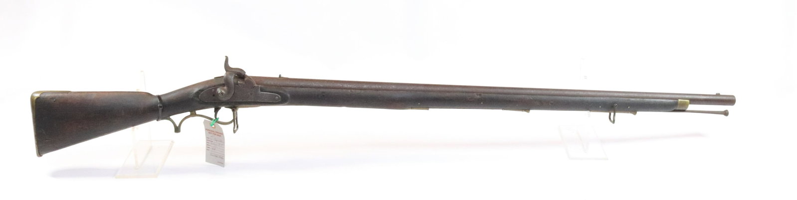 PERCUSSION CONVERSION RIFLE: LARGE BORE PERCUSSION RIFLE CONVERTED FROM FLINT - LION CARTOUCH ON FRAME Size: 38" BARREL Terms: Hartzell’s Auction Gallery will handle all Background Checks On-Site. Sunday April 3rd from 9:00