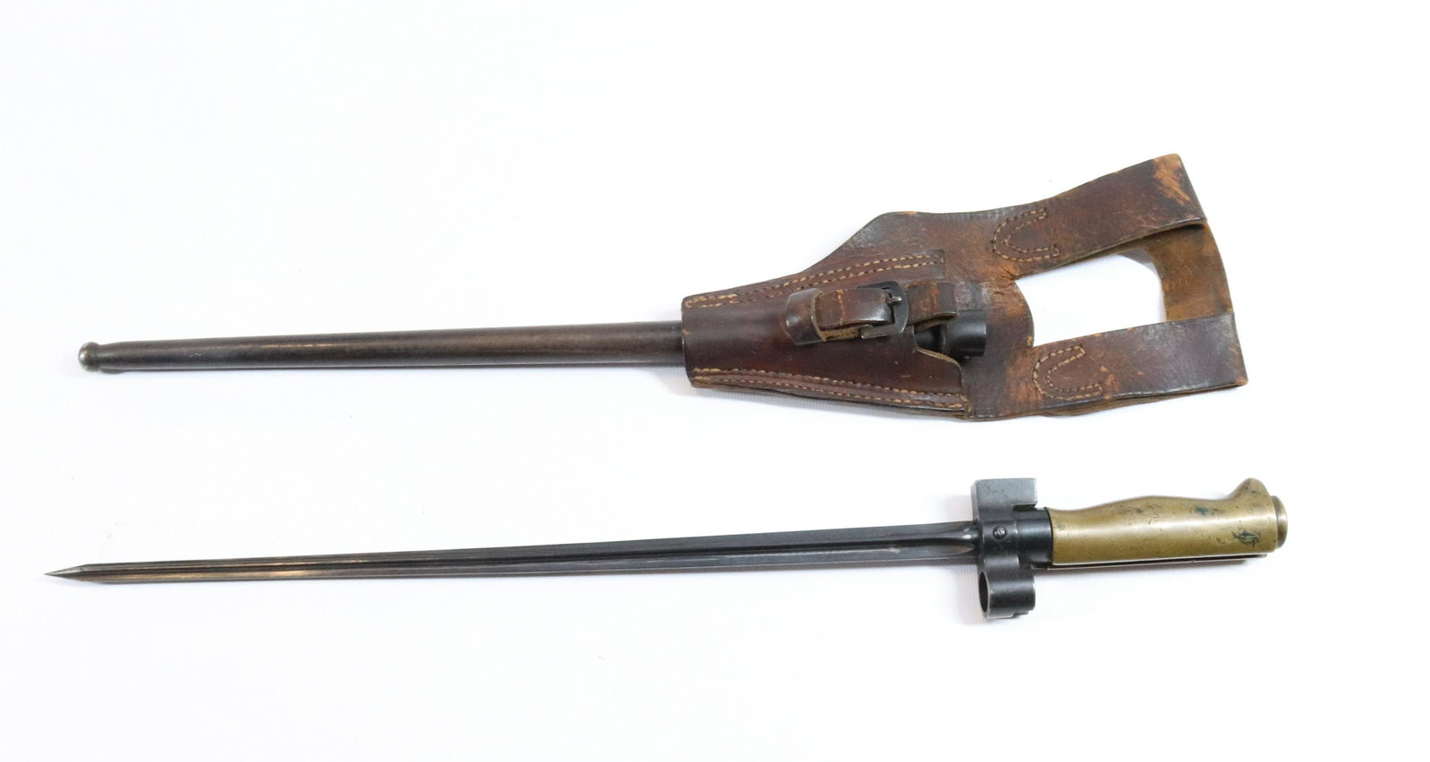 WWI FRENCH BAYONET: LEATHER SCABBARD - WITH SERIAL NUMBERS Size: 19" TOTAL LENGTH Terms: Hartzell’s Auction Gallery will handle all Background Checks On-Site. Sunday April 3rd from 9:00am till 2:00pm or Monday Apri