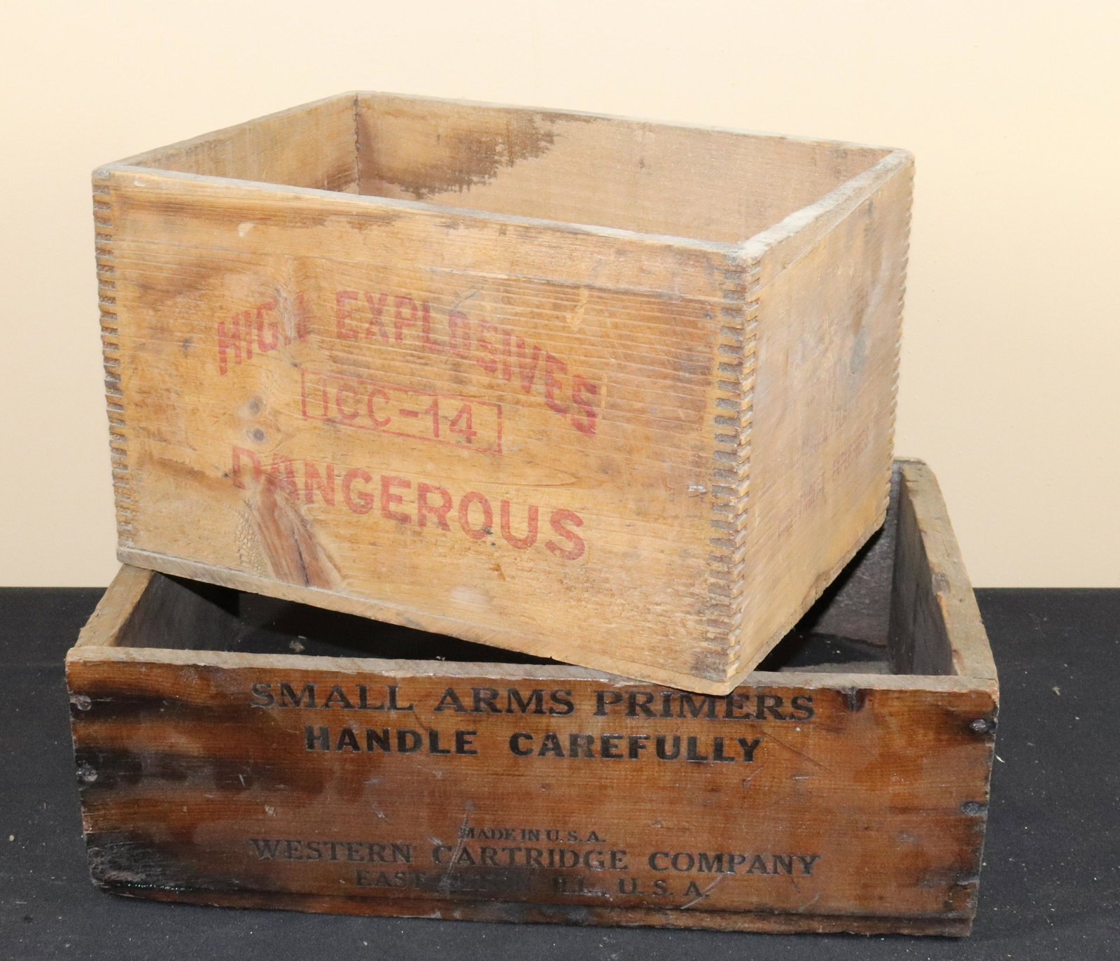 PR. OF VINTAGE ADVERTISING CRATES: INDEPENDENT EXPLOSIVES COMPANY, PITTSTON PA - SMALL ARMS PRIMERS BY; WESTERN CARTRIDGE CO. Size: 8 1/4" X 13 1/2" - 5 1/4" X 17 1/4" Terms: This is an On-Site Auction. Pick-up will be from Monday Apri