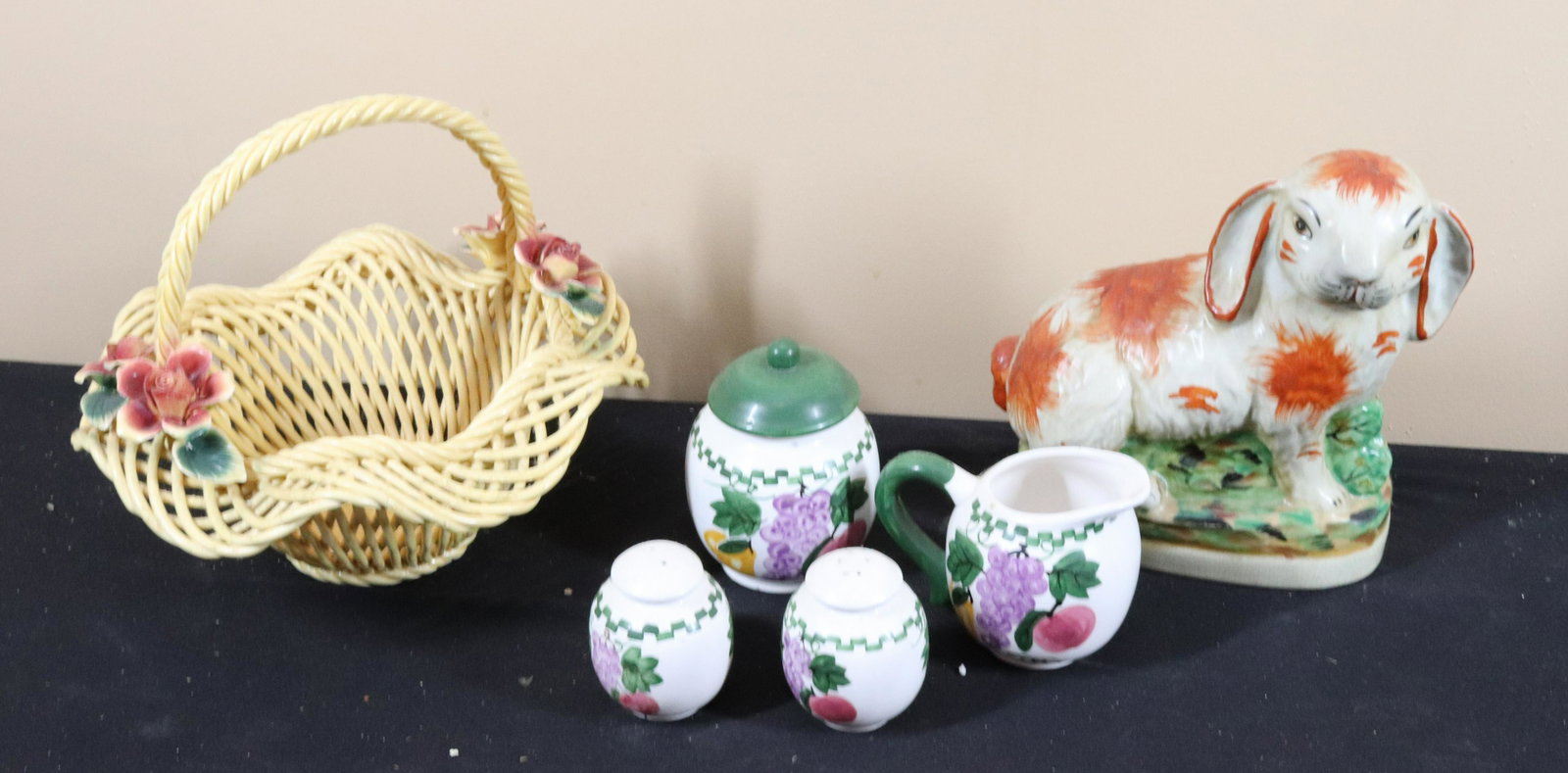 CAPODIMONTE BASKET, CERAMIC RABBIT AND SUGAR/CREAMER SET: WOVEN CERAMIC BASKET WITH FLORAL DECORATION Size: BASKET 10" D Terms: This is an On-Site Auction. Pick-up will be from Monday April 4th – Thursday April 7th from 9:00am till 4:00pm OR BY APPOINT