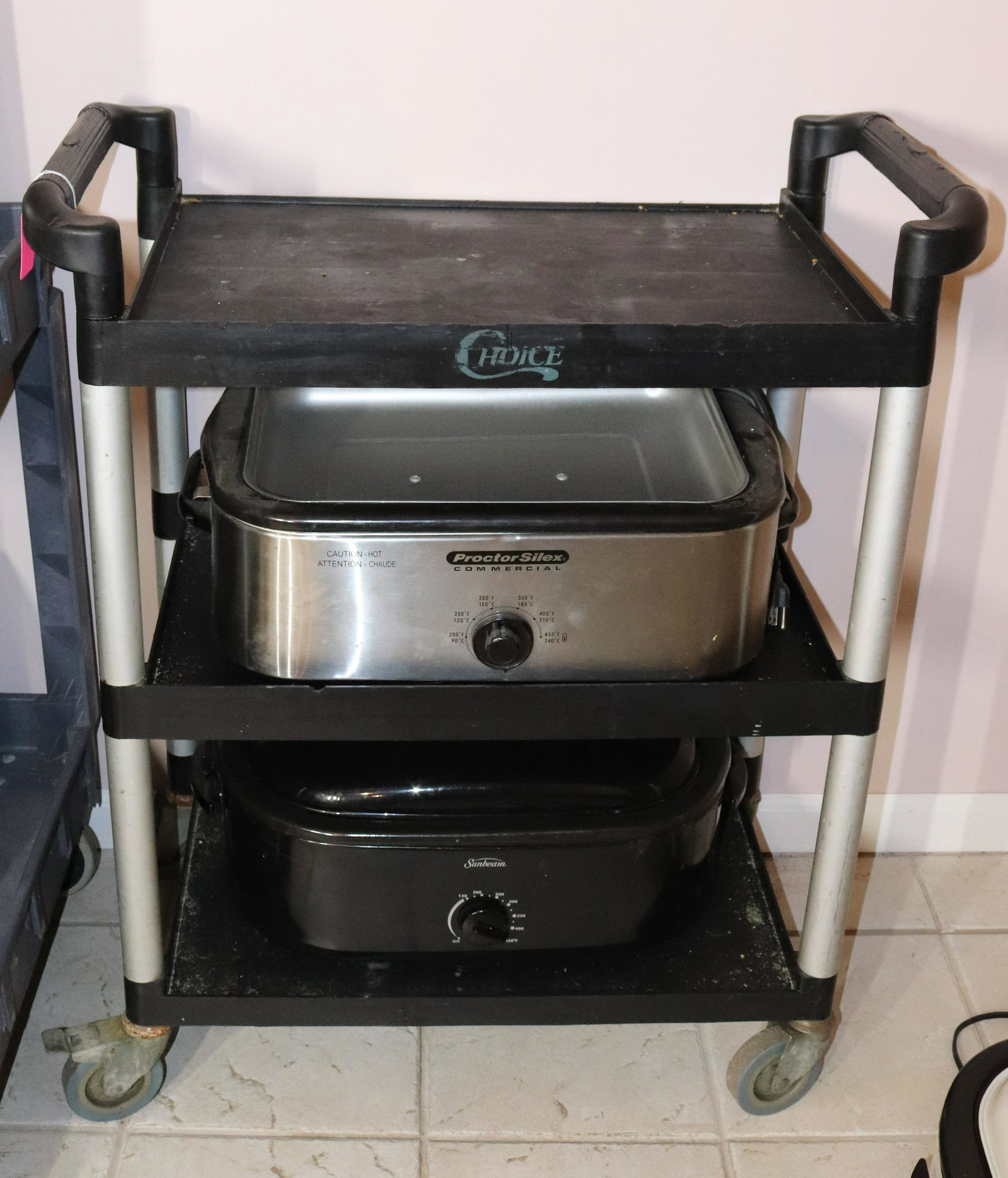 CHOICE RESTAURANT CART: PLASTIC WITH THREE SHELVES ON WHEELS SIZE: 37" X 28" TERMS: This is an On-Site Auction. Pick-up will be from Monday April 4th – Thursday April 7th from 9:00am till 4:00pm OR BY APPOINTMENT. All 