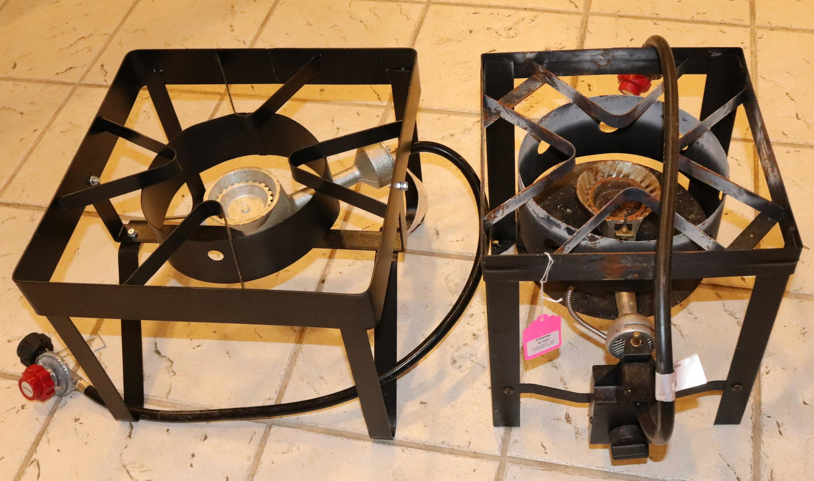 TWO PORTABLE GAS BURNERS: STEEL FRAMEWORK. PROPANE HOOK-UPS SIZE: LARGEST 15 1/2" X 15 1/2" TERMS: This is an On-Site Auction. Pick-up will be from Monday April 4th – Thursday April 7th from 9:00am till 4:00pm OR BY APPO