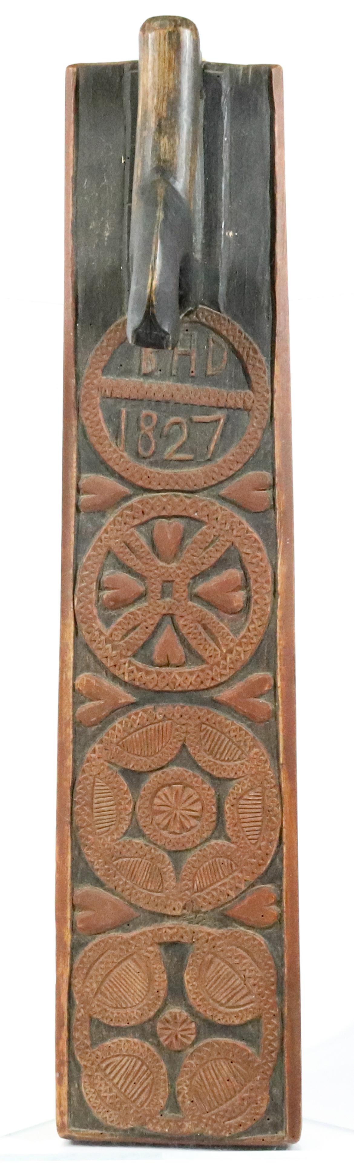 Hand Carved Danish Magle Board: Horse Handle, 1827 with Geometric Design SIZE: 26" L