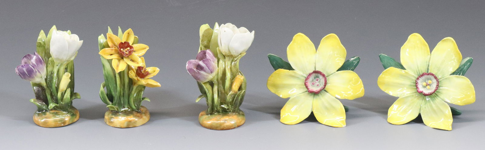 SCHIERHOLZ PORCELAIN: (5) HAND MADE CARD HOLDERS WITH CROCUS, NARCISSIST THREE WITH PAPER LABELS DIMENSIONS: 2 1/4" TO 2 3/4" TERMS: Hartzell's Auction Gallery will handle most of the shipping in-house. WE do reserve the r