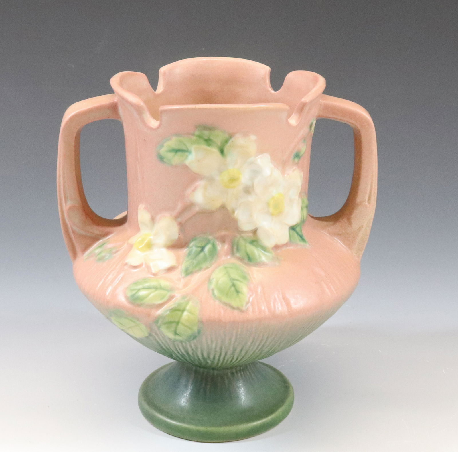 ROSEVILLE WHITE ROSE DOUBLE HANDLE VASE (1 of 3)