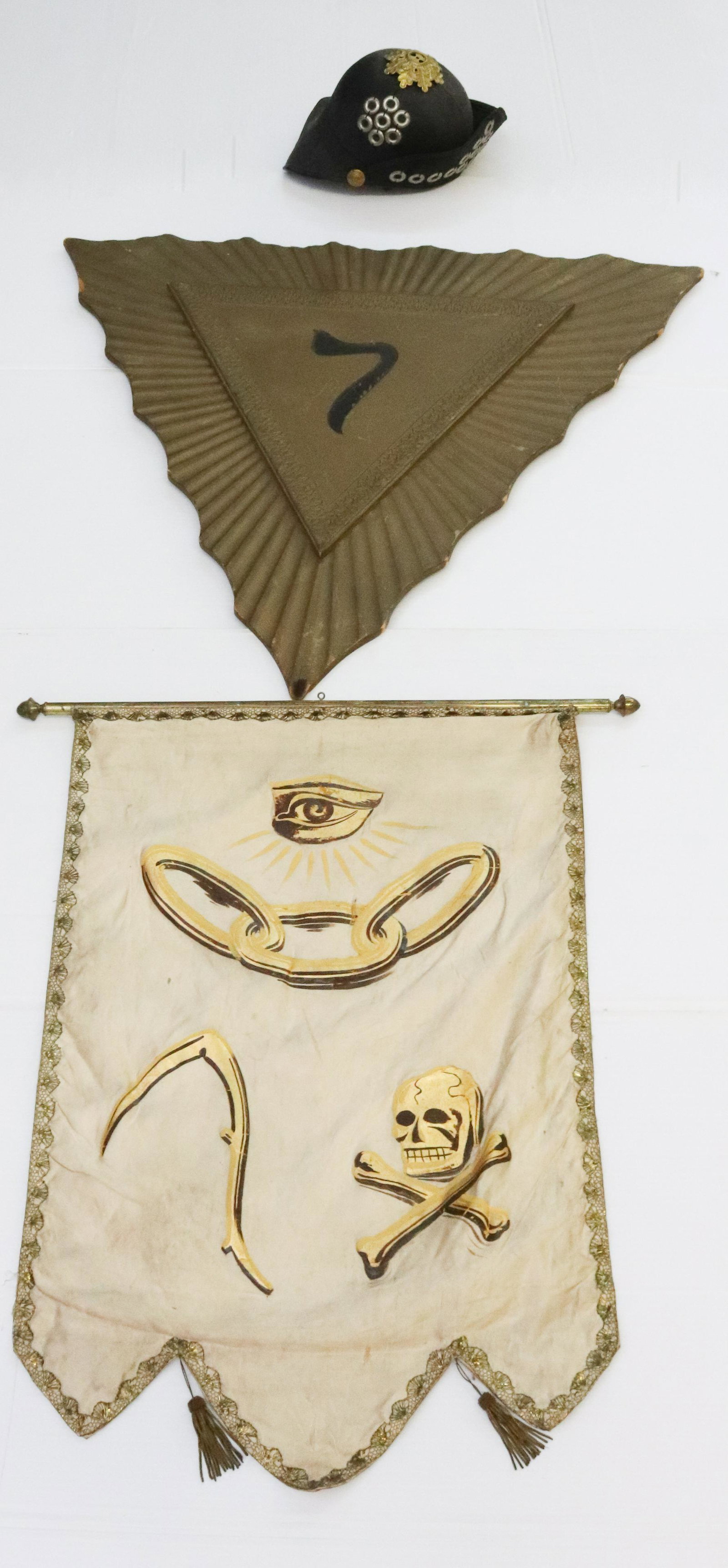 GROUP LOT OF LODGE ITEMS: INCLUDING - PAINTED SILK BANNER, CEREMONIAL HAT, AND PAINTED WOODEN SYMBOL DIMENSIONS: BANNER 29" L TERMS: Hartzell's Auction Gallery will handle most of the shipping in-house. WE do reserve the right