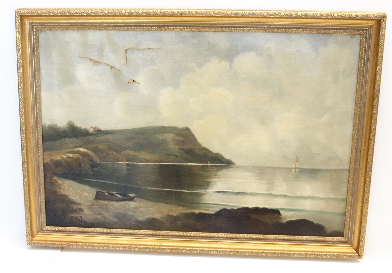 OIL ON CANVAS SHORE SCENE: SIGNED BIRCHER LOWER LEFT. SAILBOAT IN DISTANCE AND ROW BOAT ON SHORE 1930S DIMENSIONS: 19" X 29 1/2" TERMS: Hartzell's Auction Gallery will handle most of the shipping in-house. WE do reserve the rig