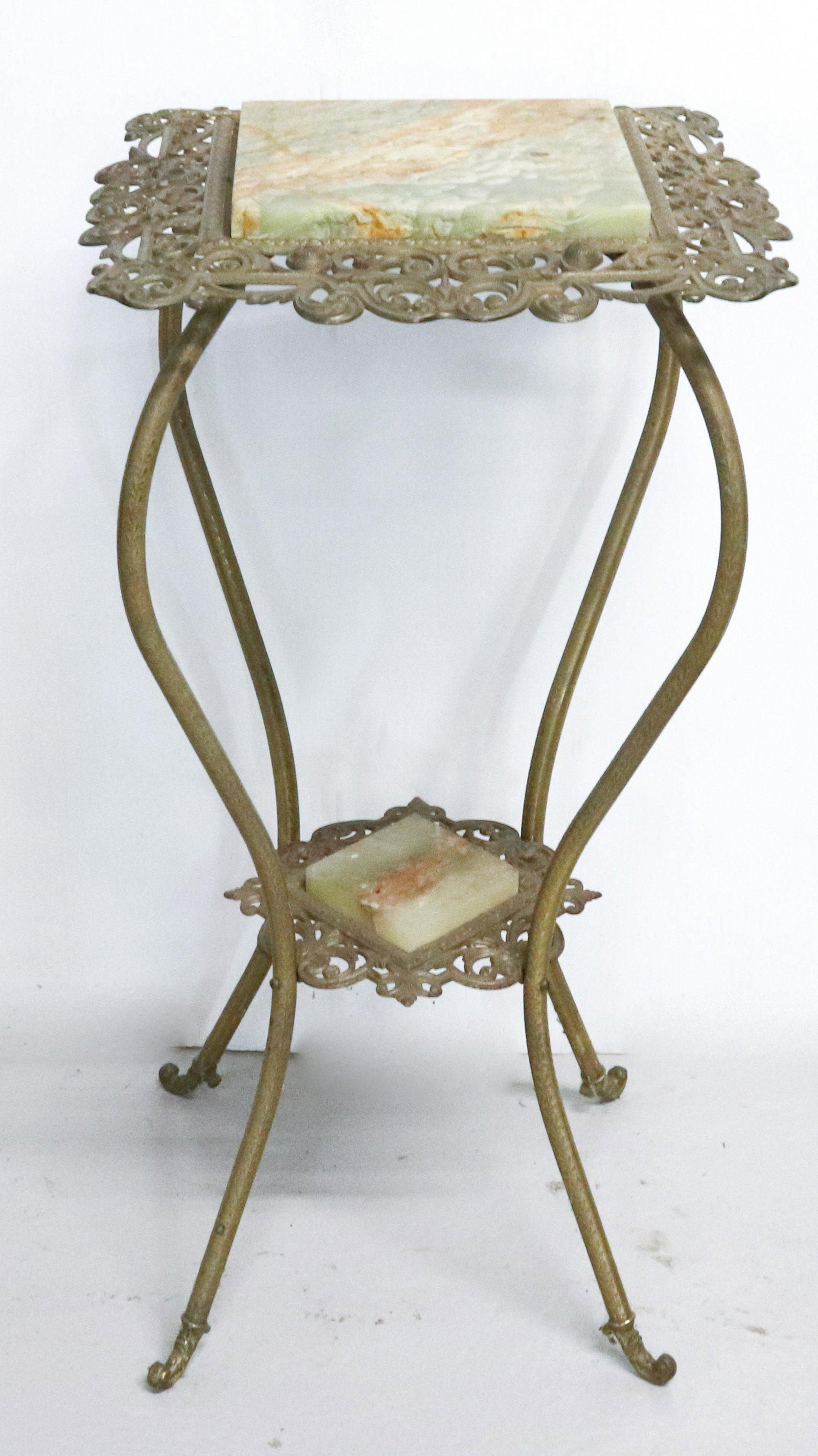 ONYX AND BRASS STAND: SWIRL PATTERN TOP DIMENSIONS: 31 1/2" X 15" X 15" TERMS: Hartzell's Auction Gallery will handle most of the shipping in-house. WE do reserve the right to not ship some large items, larger lots of glas