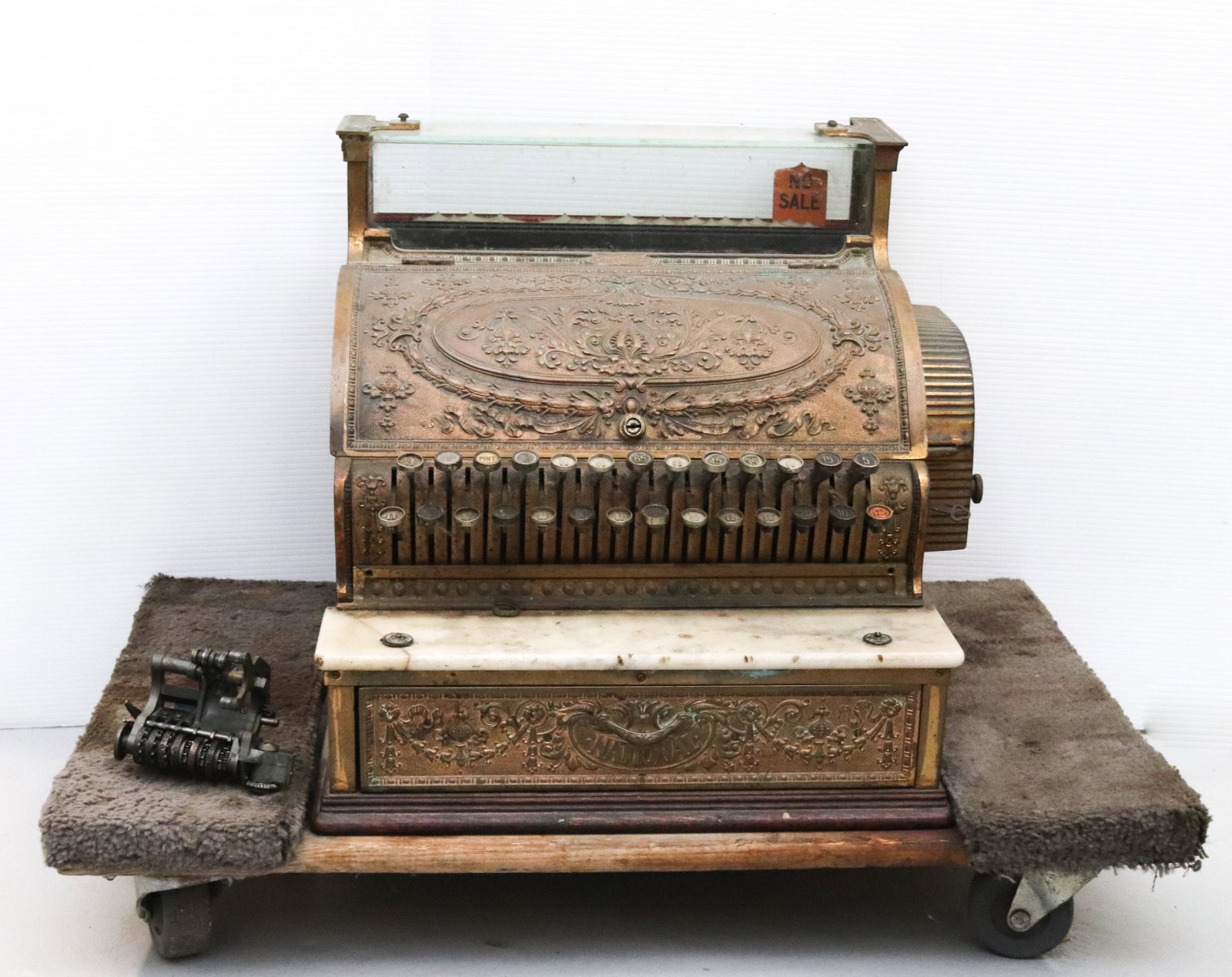 BRASS NATIONAL CASH REGISTER: LABELED 1911. LATEST PAT'D 1908. SIZE 349. NO. 1004412. KEY ON SIDE-17" X 18 1/2" X 15 1/2"TERMS:Hartzell's Auction Gallery will handle most of the shipping in-house. WE do reserve the right to not sh