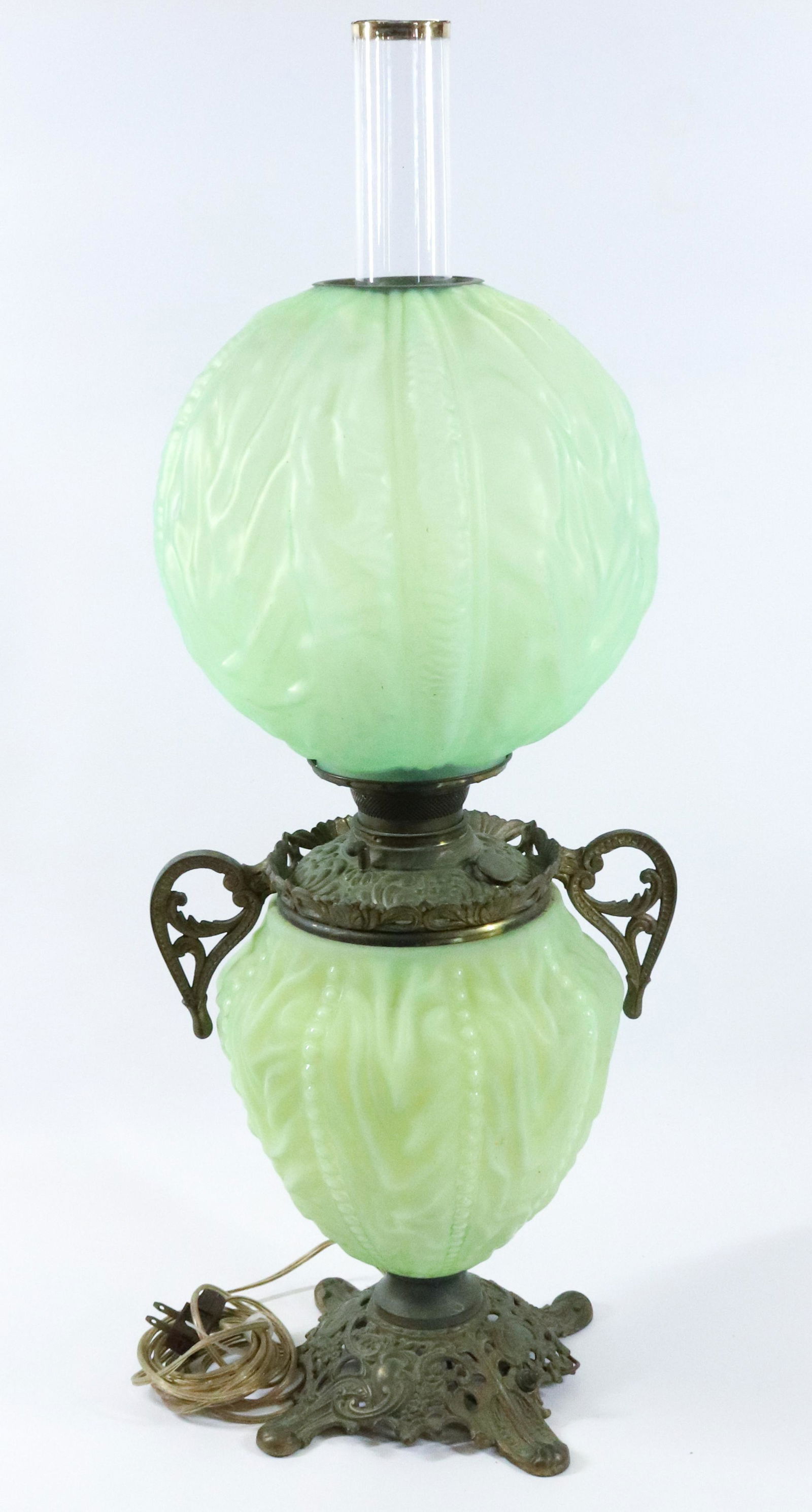 SATIN GLASS GONE WITH THE WIND LAMP: ATTRIBUTED TO FENTON - BRASS WITH KEY LIME GREEN GLASS - LONG STYLE CHIMNEY - 25 1/2" H - 30 3/4" H WITH CHIMNEY