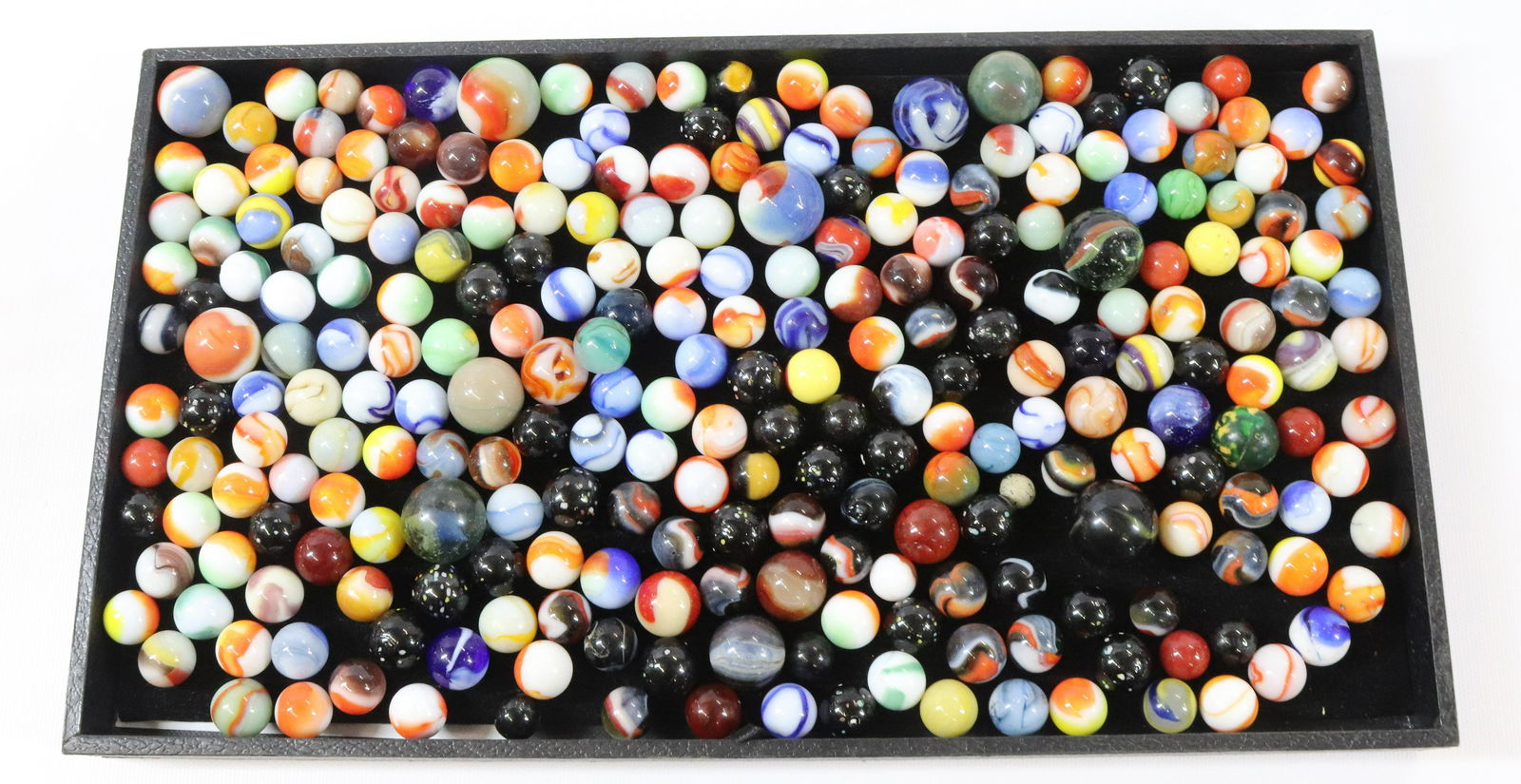 JAR OF VINTAGE MARBLES: VARIOUS SIZES AND SWIRLED COLORS