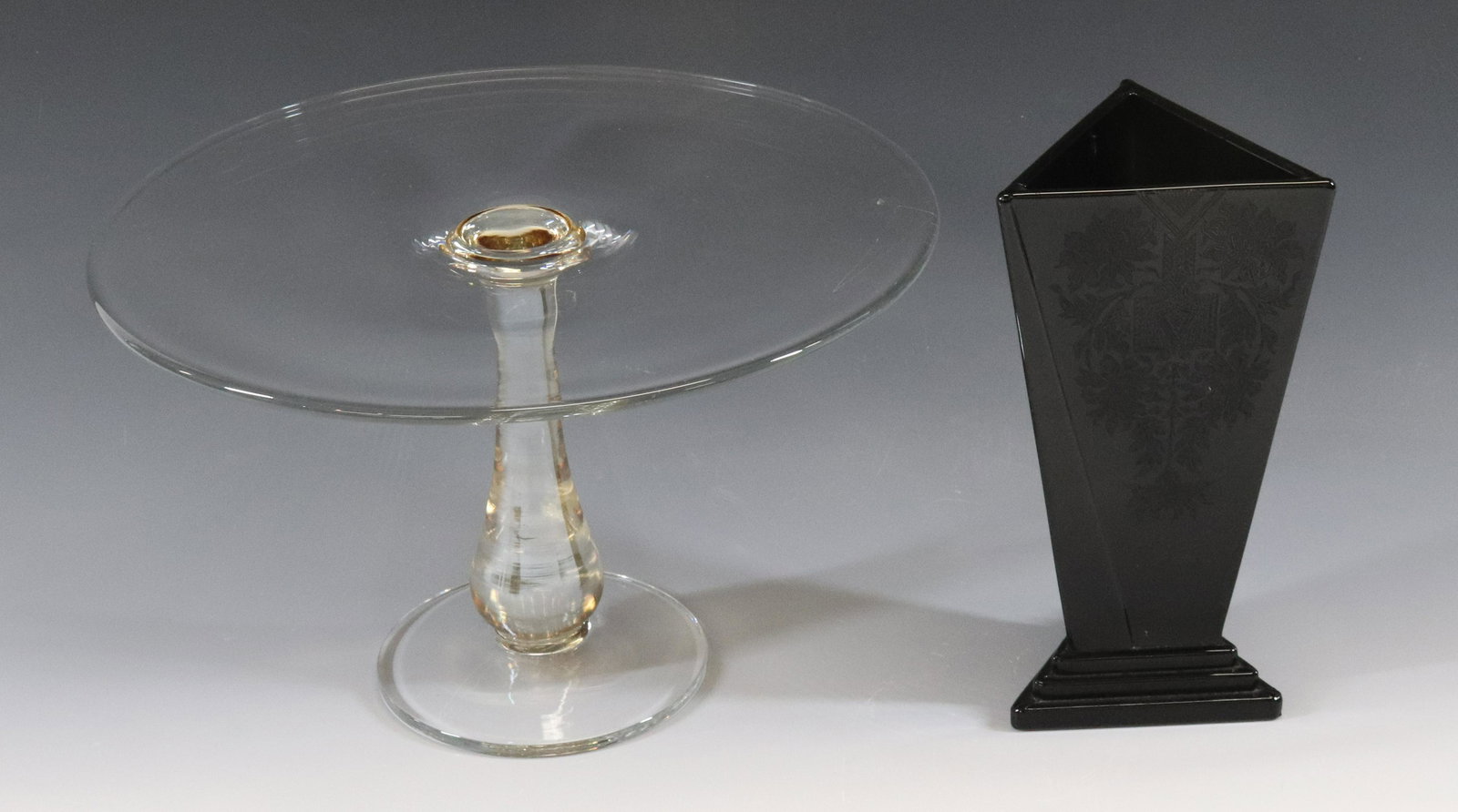 GLASS CAKE STAND AND BLACK DECO VASE (1 of 4)