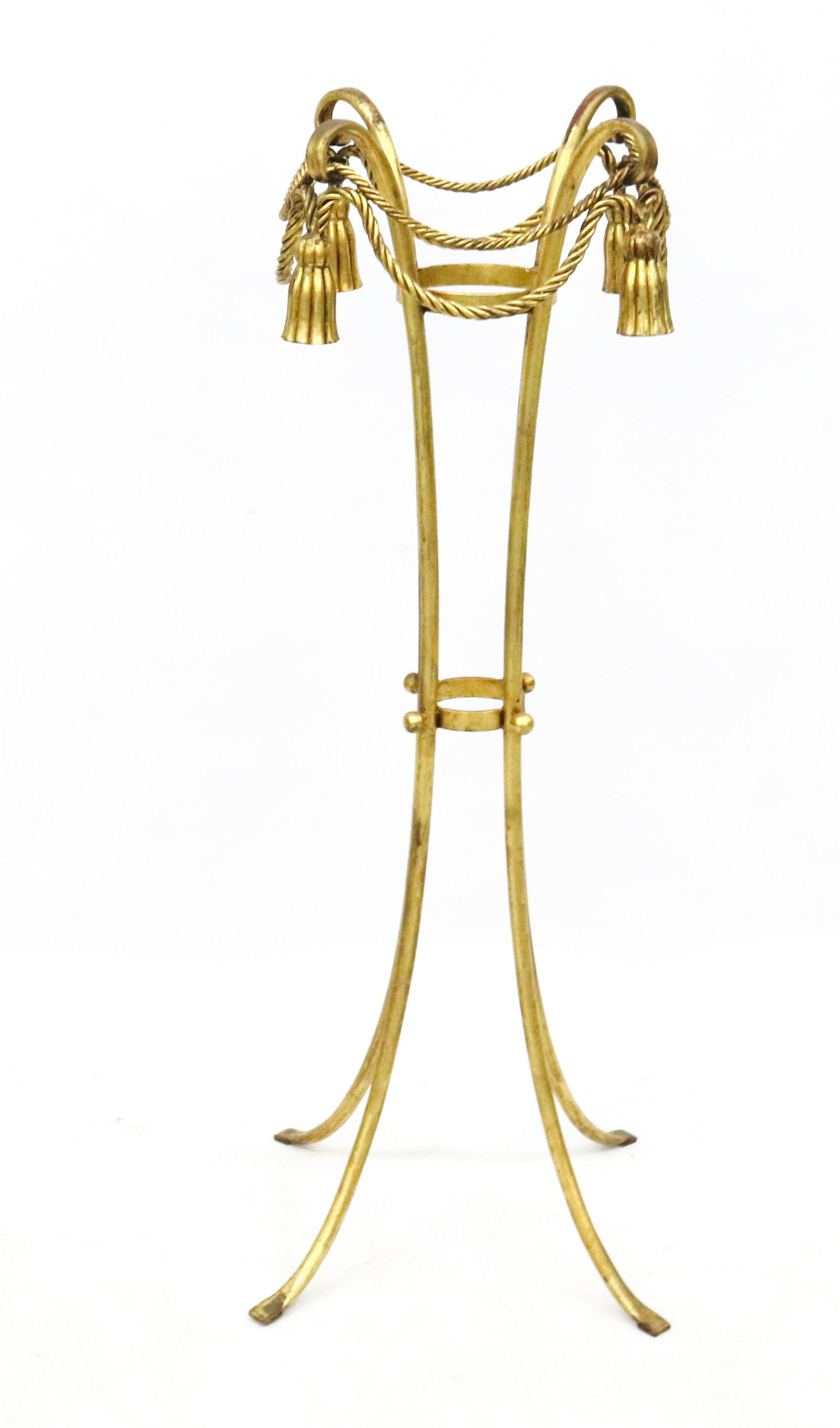PAINTED METAL PLANT STAND WITH TASSELS: GOLD OVER RED WITH FAUX ROPING AND TASSELS SIZE: 44" H TERMS: Please Read Carefully. Pick-Up will be 1 WEEK ONLY. June 20th through June 24th. Hartzell’s Auction Gallery will Handle All Shipping