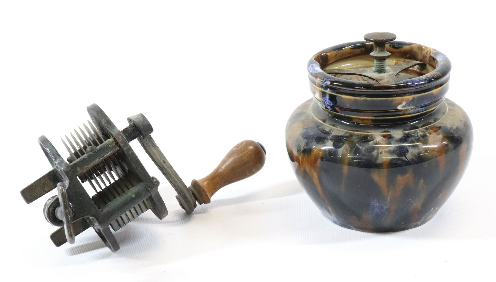 POTTERY TOBACCO JAR AND IRON SLICER (1 of 6)