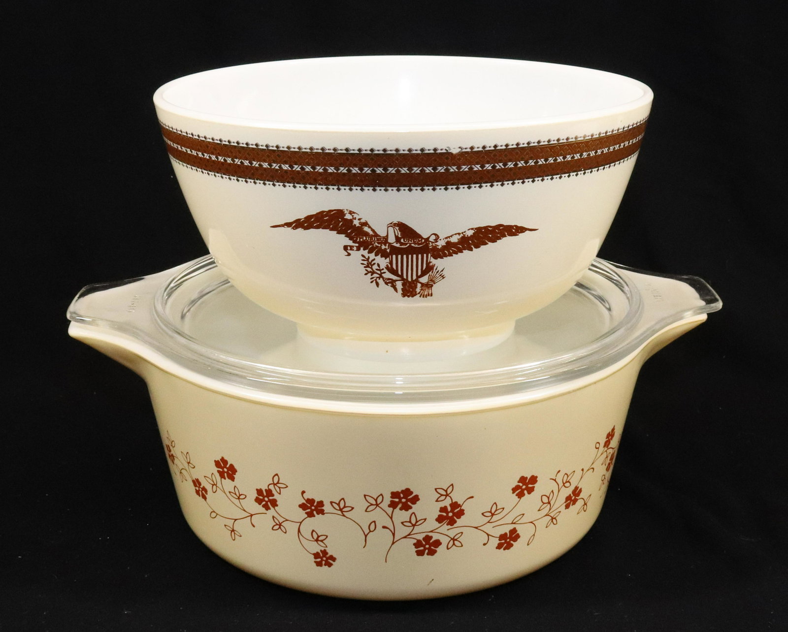 PYREX MIXING BOWL AND CASSEROLE: EAGLE MOTIF BOWL AND TRAILING FLOWERS Dimensions: BOWL 4" X 7 1/2" AND CASSEROLE 3 3/4" X 10 3/4" Pick-up will be Monday June 27th Through Thursday June 30th. Auto-pay will run 72 Hours after the Auct