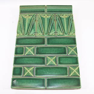 VINTAGE TILE SAMPLER: VARIOUS GREEN TILES (MOTAWI TILEWORKS, HALSTED BY LOUIS SULLIVAN) MOUNTED ON MODERN BOARD Dimensions: 17 3/4" X 12" Pick-up will be Monday June 27th Through Thursday June 30th. Auto-pay will run