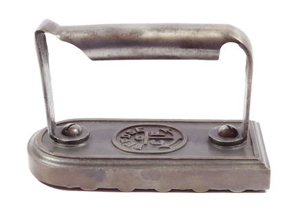 EARLY FRENCH POLISHING IRON: HEMISPHERIC BUTTONS ON BOTTOM AND DEPOSE AND "CF" WITH ANCHOR ON TOP 6 1/2" L