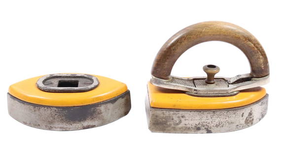 COLD HANDLE ENAMELED SAD IRON: ORANGE ENAMEL WITH DETACHABLE HANDLE AND TWO BASES 5 3/4" L