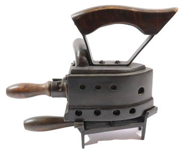 UNUSUAL HUNGARIAN CHARCOAL IRON: CHARCOAL IRON WITH REAR SWIVEL CHIMNEY, ASH DRAWER AND MATCHING TRIVET WITH HANDLE 5 1/2" L