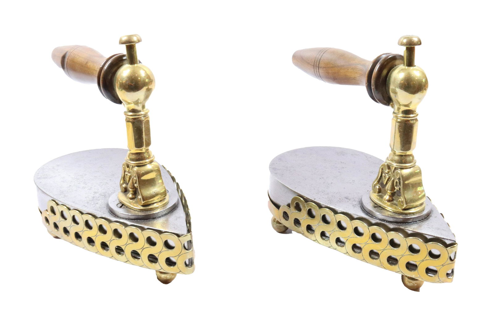 PAIR OF COLD HANDLE FRENCH ROUND BACK IRONS (1 of 3)