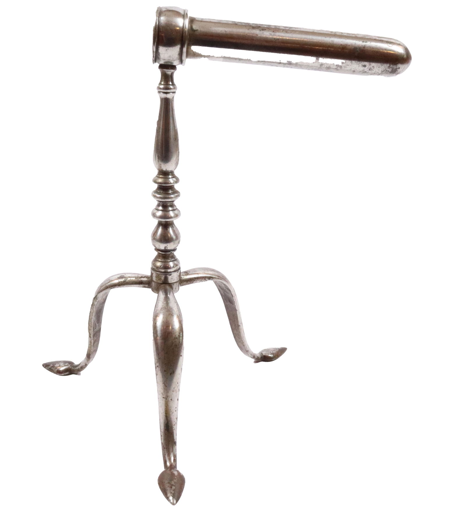 ENGLISH GOFFERING IRON: SINGLE BARREL WITH TURNED POSTS, TRIPOD BASE WITH SPADE FEET. NICKEL PLATED 9 1/2" H WITH 5" BARREL