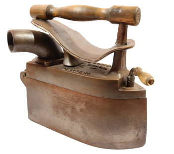 LARGE GERMAN CHARCOAL IRON: MASSIVE BODY WITH REAR SWING CHIMNEY AND FRONT LATCH- DRGM 11 1/2" L