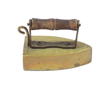 MINIATURE BRASS FLAT IRON: REAR LIFT-GATE AND WOODEN HAND GRIP. MADE IN SWEDEN 2" L