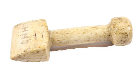 WHALE BONE SCRIMSHAW SEAM RUBBER: ENGRAVED WITH DOUBLE MASTED SAILING SHIP AND INITIALS "HMS" 5" L