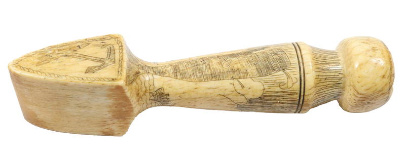 WHALE BONE SCRIMSHAW SEAM RUBBER: SCRIMSHAW WHALING SCENE WITH ANCHOR, EAGLE, WHALE, SAILORS IN BOAT AND NAUTICAL STAR AT TOP 5 1/4" L