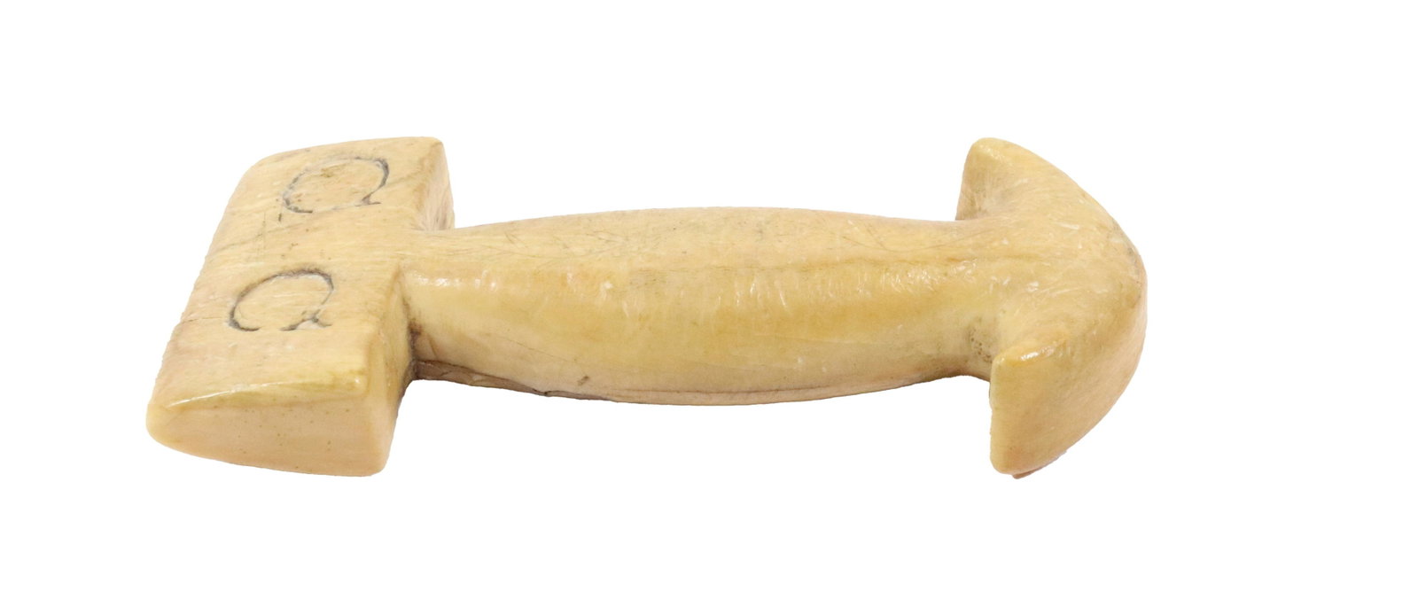 CARVED WHALE BONE SEAMER: INITIALS "CC" IN THE FORM OF AN ANCHOR 4" L