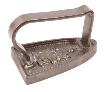 SMALL SIZE FRENCH FLAT IRON: EMBOSSED LADY IRONING DESIGN. LIP AND STRAP HANDLE 4" L