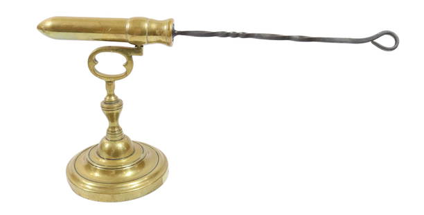 ENGLISH GOFFERING IRON: BRASS WITH "KEY" SUPPORT FOR BARREL AND IRON HEATER 7" H WITH 6" BARREL