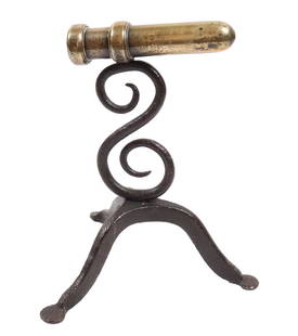 SMALL SIZE ENGLISH GOFFERING IRON: S SHAPED MONKEY SUPPORT WITH BRASS BARREL 7 1/2" H WITH 4" BARREL