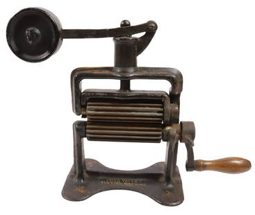 COLES PATENT MACHINE FLUTER: IN ORIGINAL GOLD/RED PAINT. TOP COUNTER WEIGHT. PAT. 1866 4 1/4" BRASS ROLLERS