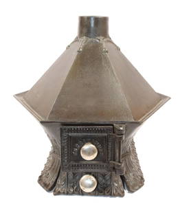 NORRAHAMMER NO.2 IRON HEATER STOVE: HEXAGONAL TOP WITH SINGLE DOOR AND ASH PAN 16" H