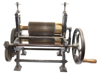 J. DOWLING FLUTING MACHINE: LARGE SIZE WITH HAND CRANK AND SIDE COGS. TWO LARGE BRASS FLUTERS. MRKD. LONDON 9 1/2" X 3" BRASS ROLLERS