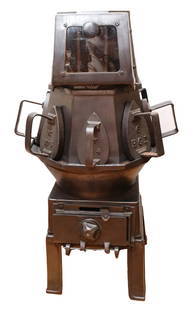 EARLY FRENCH SAD IRON STOVE: REVOLVING BASE. HOLDS EIGHT IRONS. UNMARKED 37" H
