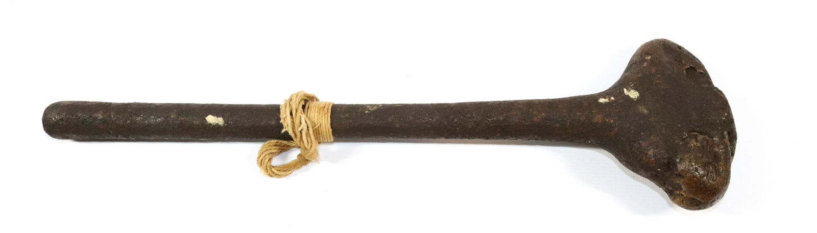 AUSTRALIAN ABORIGINAL BATTLE AXE: LABELED ON SHAFT "PREHISTORIC STONE AGE BATTLE AXE..." Size: 19" L Terms: PLEASE READ THIS CAREFULLY AND FULLY BEFORE BIDDING - THIS IS AN ON-SITE AND LIVE IN PERSON AUCTION. PREVIEW WILL BE SUNDAY JU