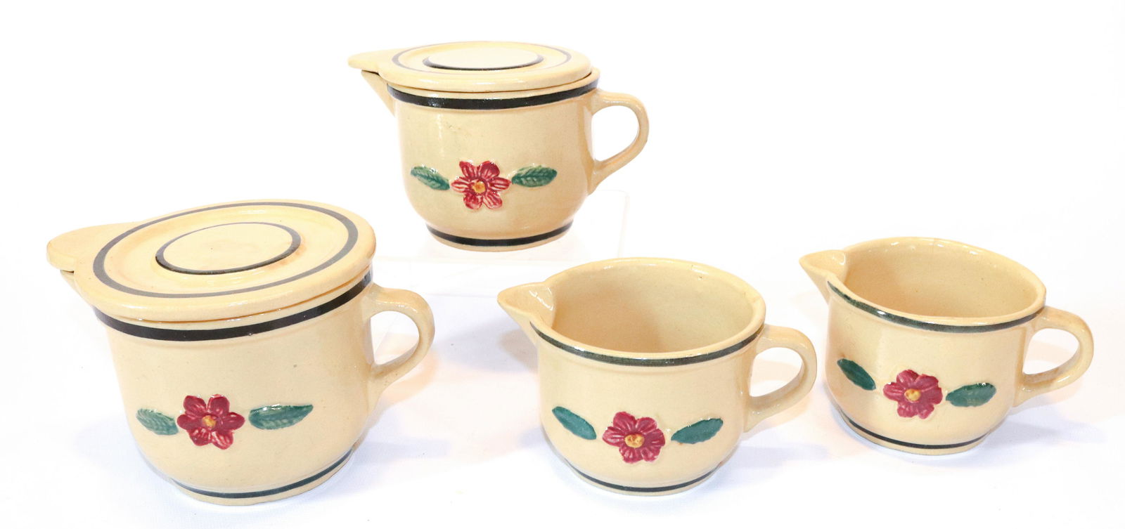 (4) WATT WARE RAISED ROSE REFRIGERATOR SET: TWO WITH LIDS AND TWO WITHOUT 2 1/2" TO 3 1/2" H THIS AUCTION WILL ONLY HAVE 1 DAY FOR PICK-UP. PICK-UP WILL BE FRIDAY AUGUST 5TH, 2022 FROM 9:30 TILL 3:00PM - ALL PAYMENTS MUST BE MADE THROUGH LIVEAU