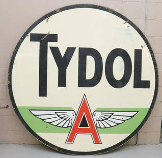 TYDOL FLYING A DOUBLE-SIDED PORCELAIN SIGN: GREEN BAND VERSION. DOUBLE-SIDED. 72" D. Terms & Conditions: Pick-up for this Auction will be Wednesday August 3rd and Thursday August 4th from 9:00am till 3:30pm and Friday August 5th from 9:00am