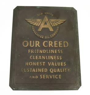 TIDE WATER ASSOCIATED OIL COMPANY "CREED" PLAQUE: BRASS. PLAQUE WITH FLYING "A". "OUR CREED". MRKD. ON BACK "M. GREENBERG'S SONS, SAN FRANCISCO, CA. 11 1/2" X 9" Terms & Conditions: Pick-up for this Auction will be Wednesday August 3rd and Thursday A